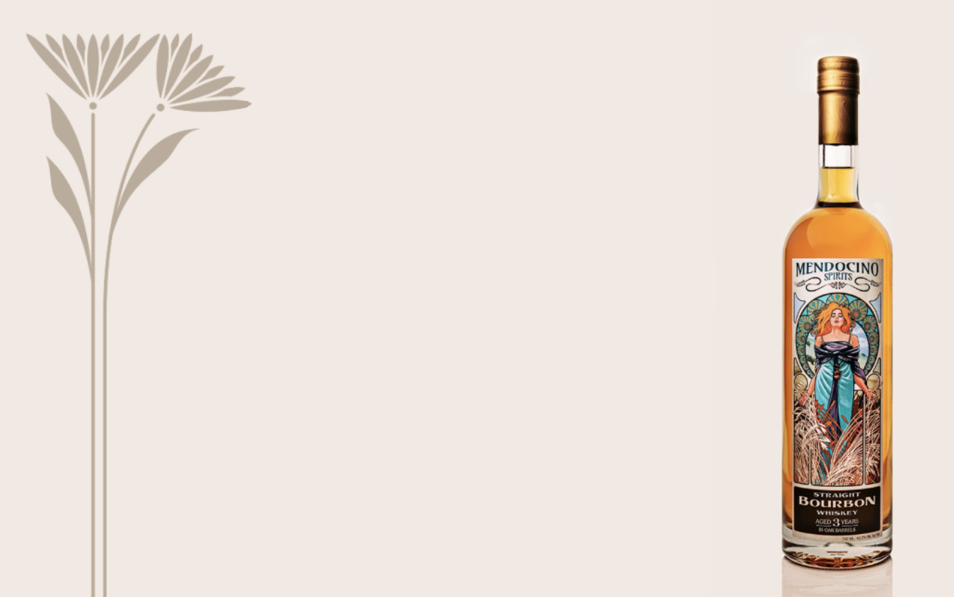 Bottle of Mendocino Spirits Whiskey on a beige background